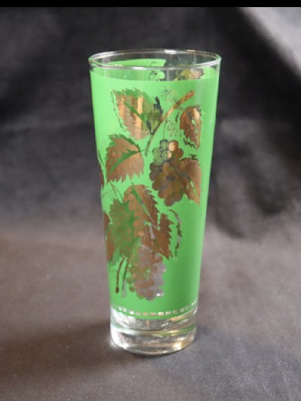 Vintage Tall Green Cocktail Tumbler Tea Glass with Gold Grapes Vine Accents